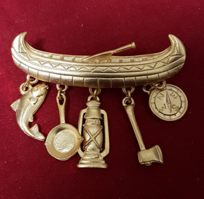 J.J. Jonette Canoe Brooch With Outdoor Charms. Fully Marked JJ.