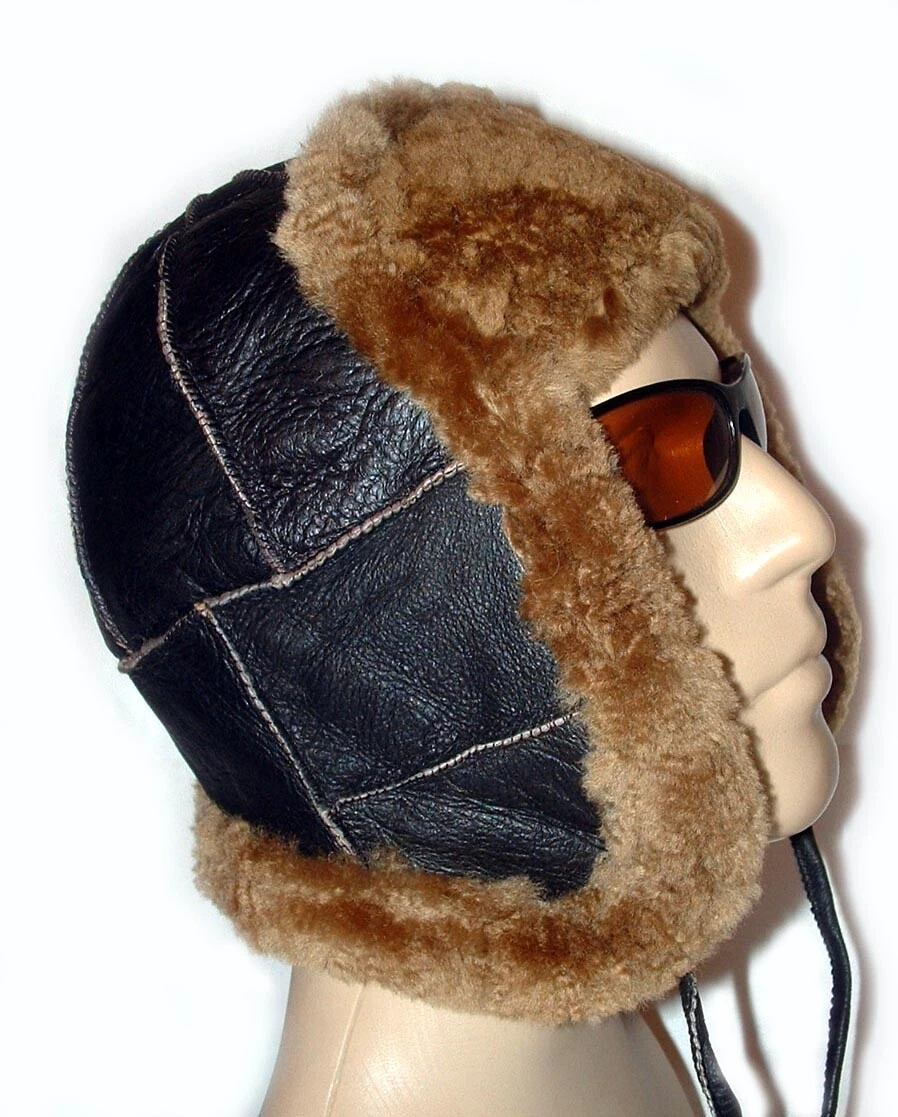 NEW! Handmade Sheepskin Russian Pilot Aviator Hat, Unisex Real Leather by Katz