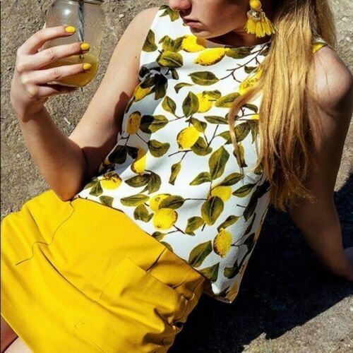 Zara Lemon Fruit Print Boxy Fit V-Back Sleeveless Crop Blouse Top Blogger  XS | eBay