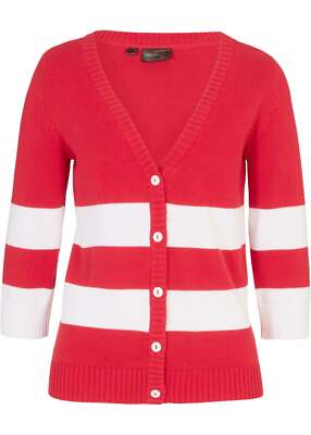 Neu Strickjacke mit Streifen Gr 36/38 Granatrot Weiss Damen 3/4 Arm-Jacke