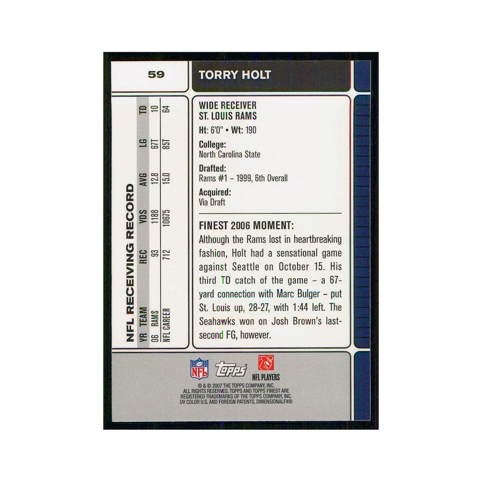 2007 Topps Finest Torry Holt St. Louis Rams #59 - Image 2 of 3