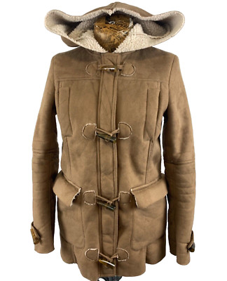 PULL & BEAR MANTEL JACKE SMALL CAMEL Wildlederimitat Teddyfleece hinten umschaltbar Duffle