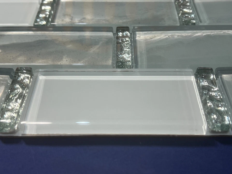 NY03N Blanco/Gris/Plateado Vidrio Mosaico Azulejo Cocina Baño Salpicadero, 7 Hojas Foto 4 de 4