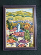 Vintage Cubist Landscape Framed Vintage Oil Painting Signed
