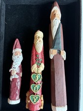 Santa Claus Figurines Lot of 3 Folk Art Hand Painted Vtg Wood Resin Farmhouse