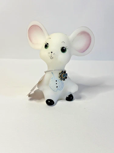 Fenton White Satin Boutonniere Buddy Mouse with Vest Artist Signed Month March