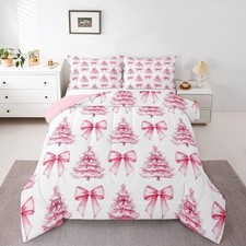 Pink Bowknot Kids Comforter Set King Size,Christmas Trees Pine Bow Tie Toddle...