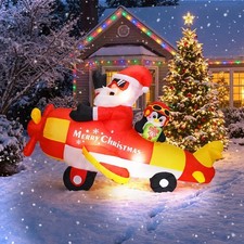 8ft Christmas Inflatable Santa Driving Penguin Airplane LED Yard Decoration Air