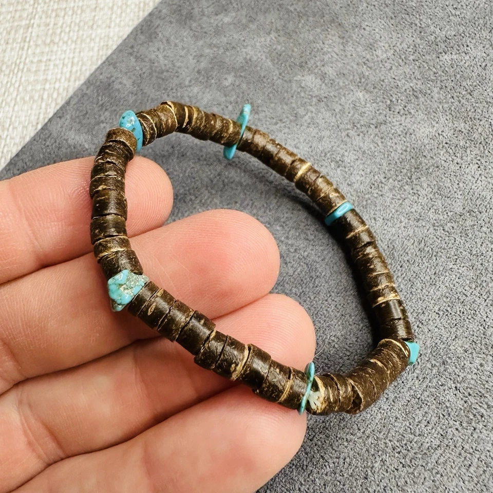 Boho Armband Türkis Braun Ethno Perlen Unisex Natur Schmuck Handgemacht - Bild 3 von 4