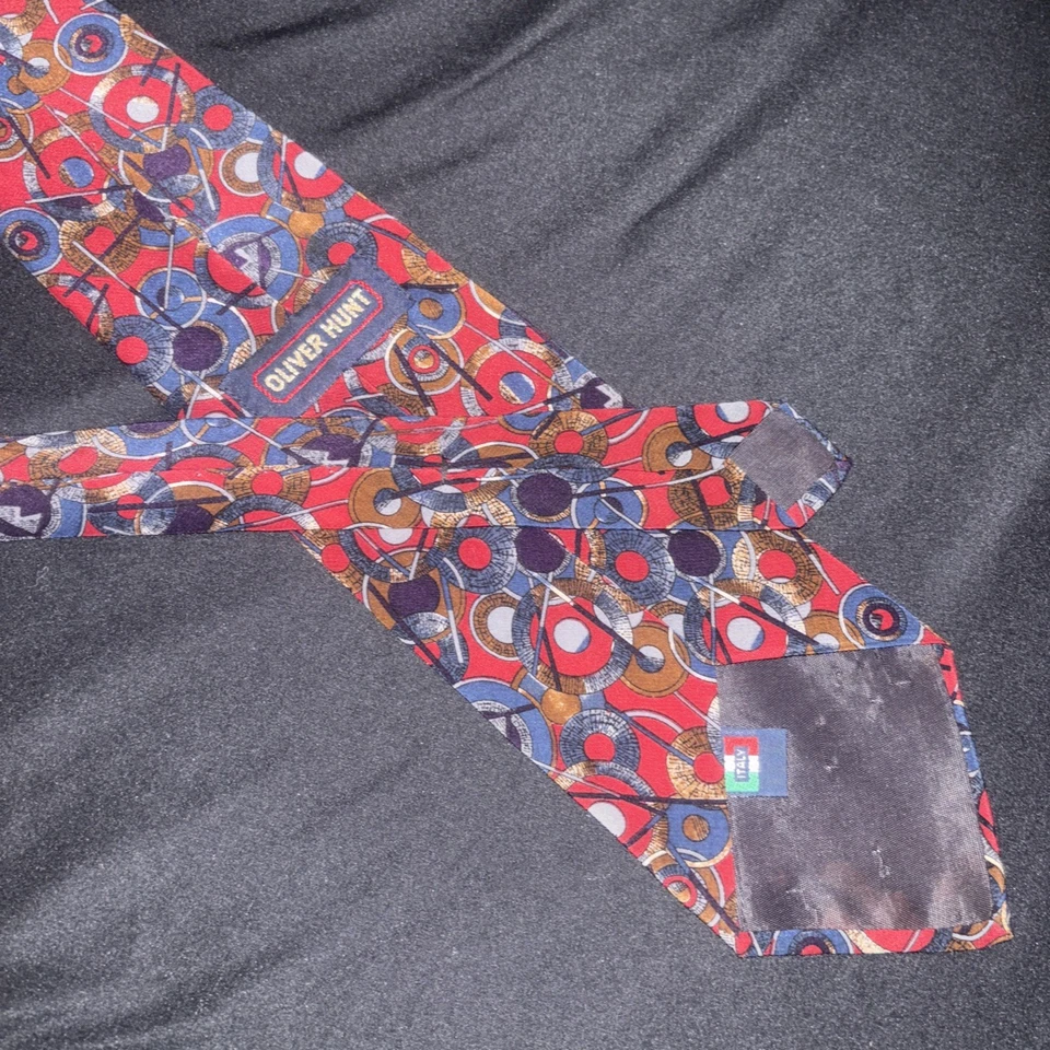 Corbata Oliver Hunt Círculos Rojos y Azules Abstractos Hombre 100% Toda Seda Hecha en Italia  Foto 2 de 4