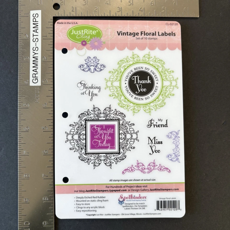 Etiquetas florales vintage JustRite gracias pensamiento en ti estampillas de goma adhesivas Foto 2 de 3
