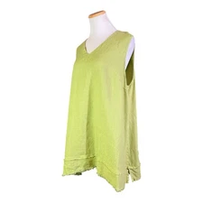 La Fixsun Size L Green Sleeveless Tunic Top Linen Lagenlook Fringed Hem