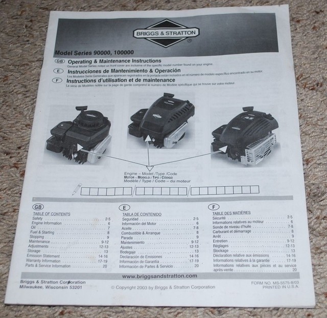 Briggs & Stratton Engine Model Series 90000 100000 Operating Manual
