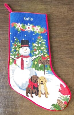 NEW LL BEAN Needlepoint Christmas Stocking  Snowman Two Labrador Puppies  KATIE 