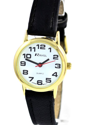 Ravel Damen fett BIG NUMBERS Damenuhr mit goldenem Gehäuse schwarzes Armband