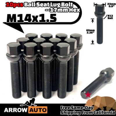 10x Black 14x1.5 Lug Bolt 60mm Fit Mercedes AMG Model StockRim W/ 12-17mmSpacer