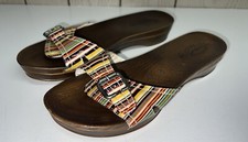 Dr Scholls Women ADVANCED COMFORT Rainbow Stripe Faux Wood Buckle Sandals Sz 8