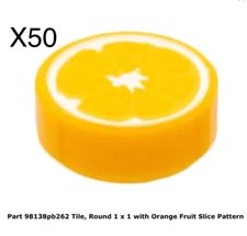 Lego 50 Pieces Bright Light Orange Round 1x1 Tile w/ Orange Fruit Slice Pattern