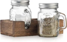 Jar Salt and Pepper Shaker - Vintage Glass Condiment Dispenser Set Wooden Holder