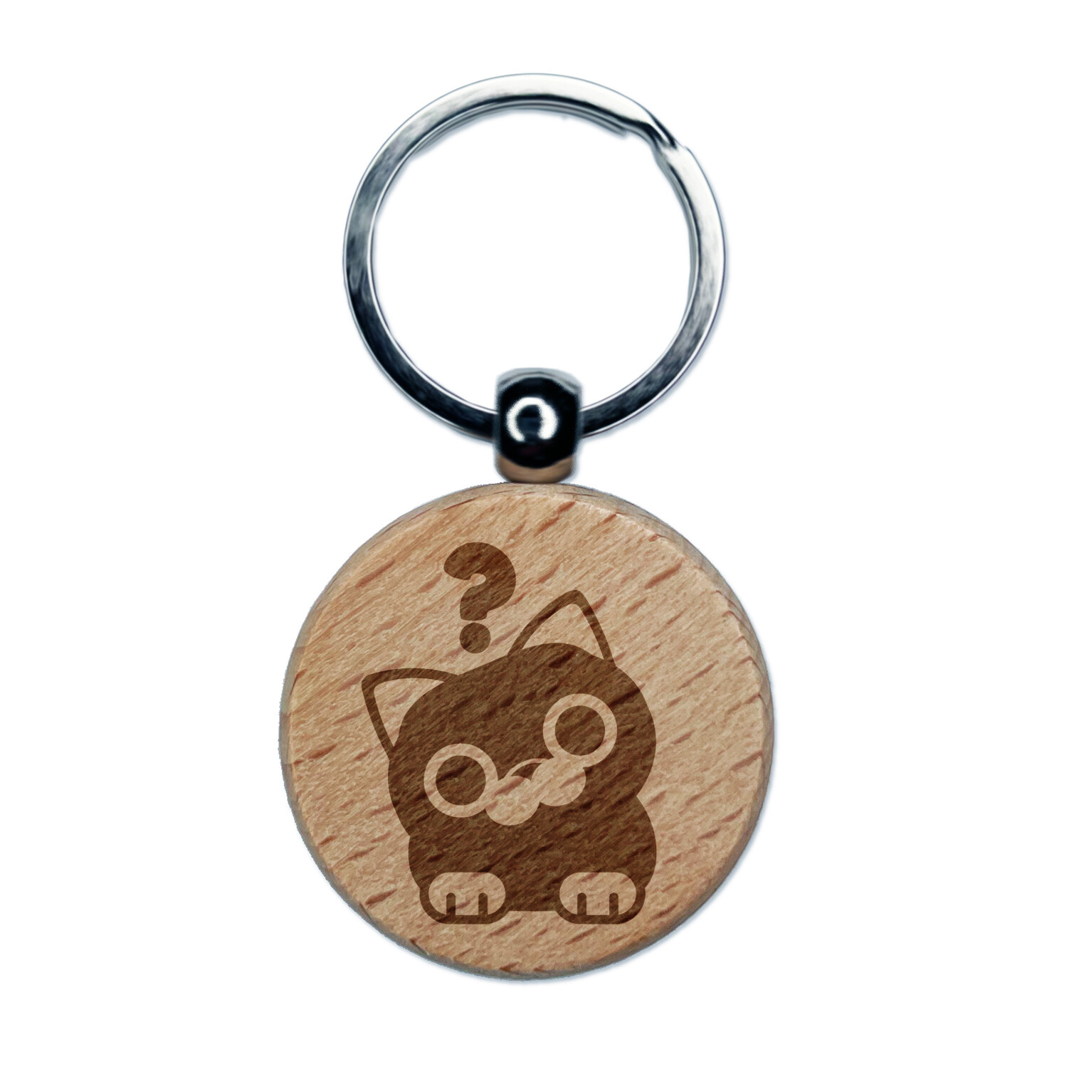 Round Cat Curious Engraved Wood Round Keychain Tag Charm