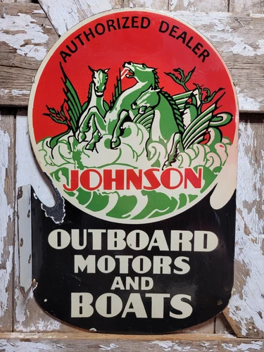 VINTAGE JOHNSON PORCELAIN SIGN 28" OLD FLANGE OUTBOARD MOTORBOAT LAKE CAMP BOAT