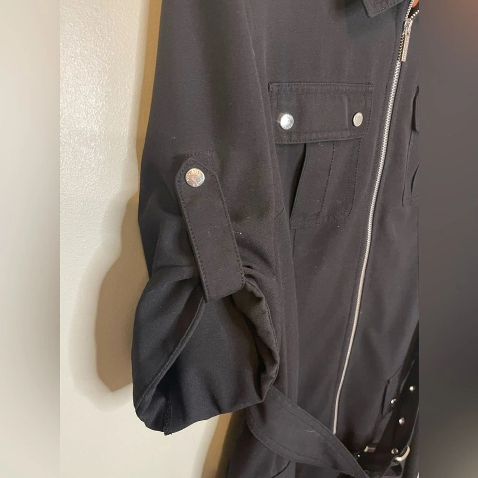 Michael Kors PETITE LARGE ~ Camicia donna nera con cintura abito con cerniera taglia usata in ottime condizioni