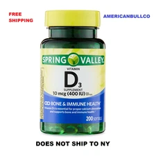 Spring Valley Vitamin D3 400 IU (10 mcg), 200 Softgels – Bone & Immune Support