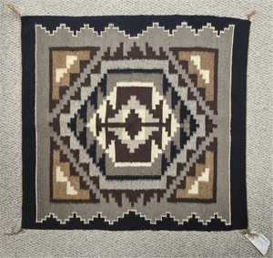 Authentic Navajo Rug - Greys White Brown with Brown Border - 29" x 27"