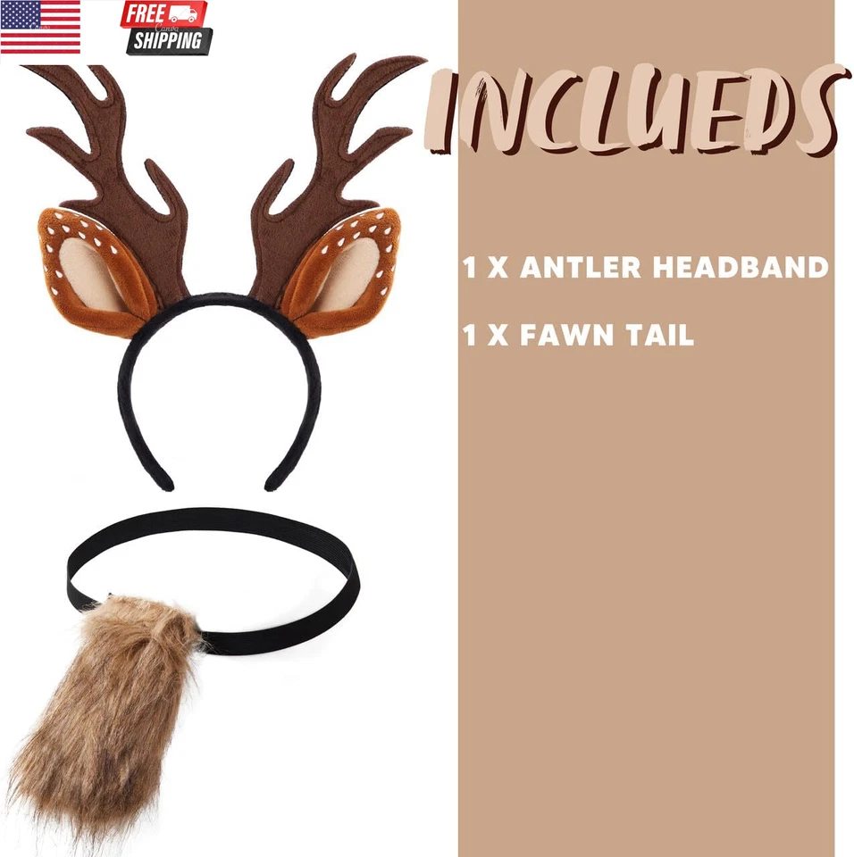 Diadema de astas de reno de Halloween con cola de cervatillo, accesorios orejas de astas de ciervo Foto 2 de 4