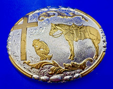 Praying Kneeling Cowboy Horse Cross Religious Faith Western Crumrine Belt Buckle
