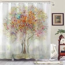 72x72 Colorful Tree Shower Curtain, Flowers, Cloth Fabric, 12 Hooks, Bathroom