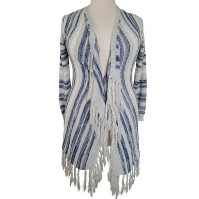 Absolutely Famous Cardigan Y2K XL Blue White Striped Fringe Open Front Sweater