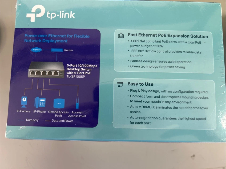 TP-Link TL-SF1005P 5-Port 10/100Mbps Desktop Switch with 4-Port PoE+ New - Image 2 of 2