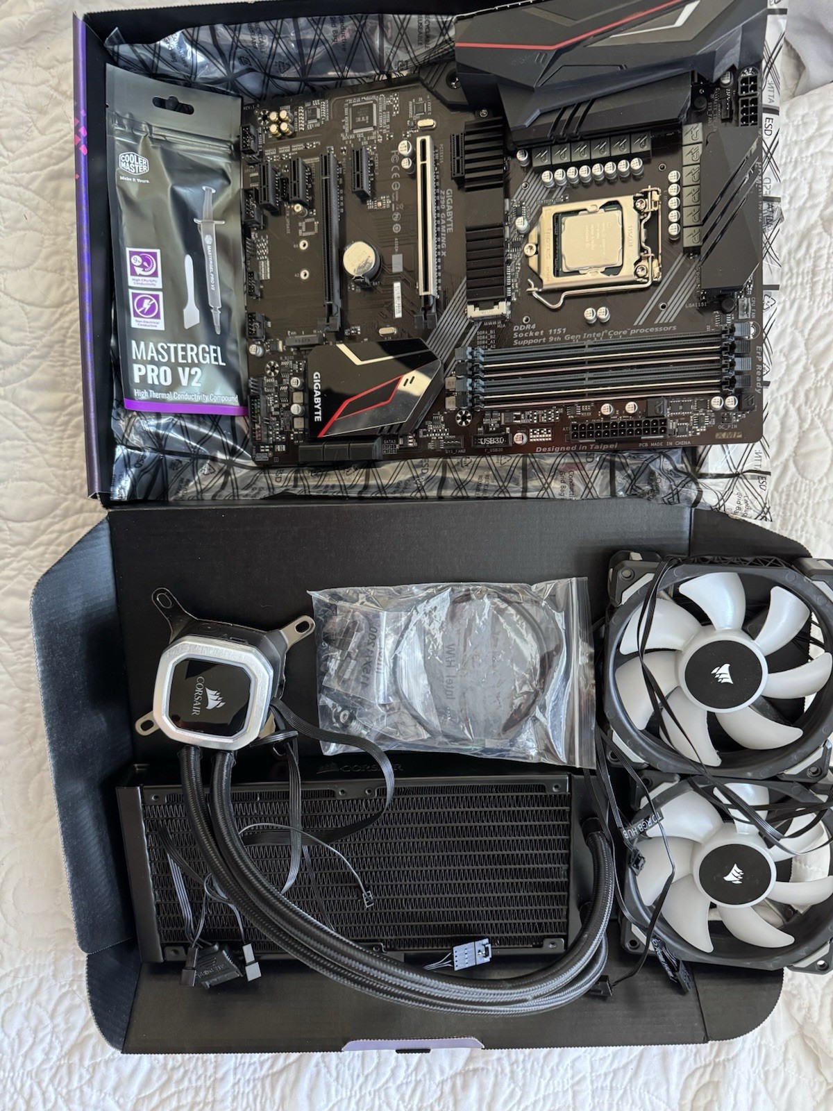 Pc components bundle; Motherboard, cpu, and liquid cooler