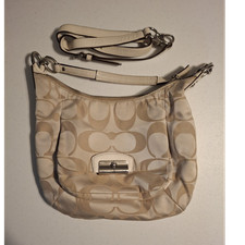 Coach Beige Logo Shoulder Bag with Detachable Strap, Zip  Turn Lock Closure