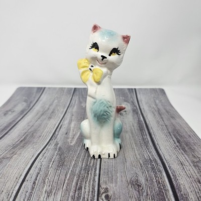 Vintage Mid Century Sitting Eyelash Cat Kitsch Figurine Mexico Chipped Ears