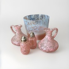 Vintage Hazel Atlas Pink Spatterware Salad Bowl Salt/Pepper Shakers And Oil/Vin.