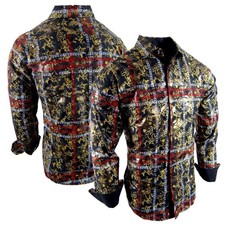 Mens Black Shirt Italian Floral Stripe Gold Bronze Foil Stretch Button Up Dress
