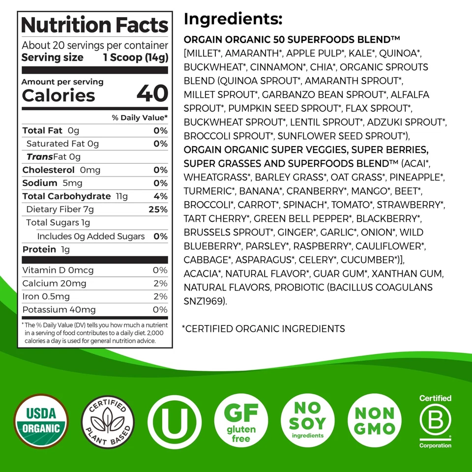 Polvo de verduras orgánicas Orgain + 50 superalimentos, originales - mil millones de probióticos... Foto 2 de 4