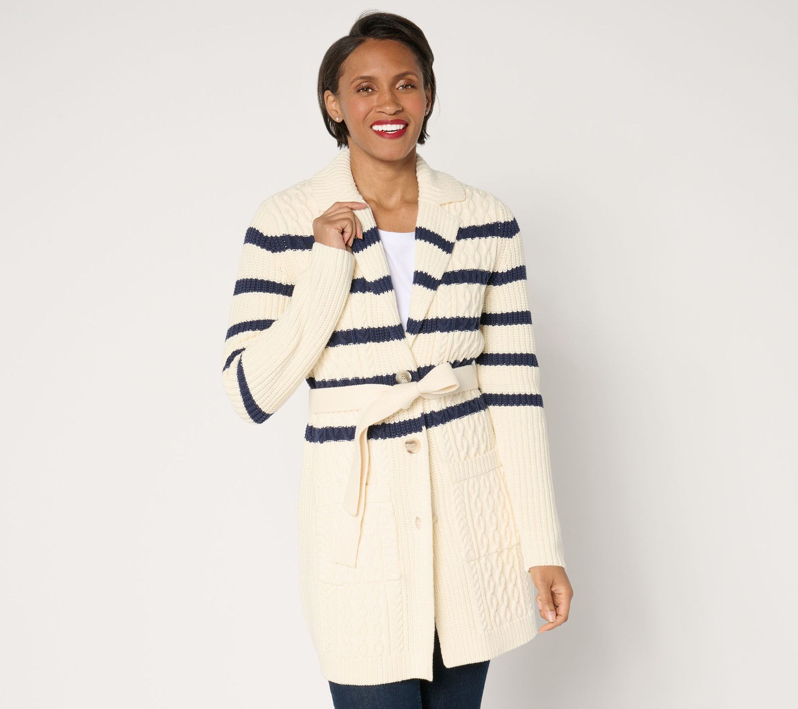 Isaac Mizrahi Live! Women's Top Petite Sweater PL Cable Knit Duster White