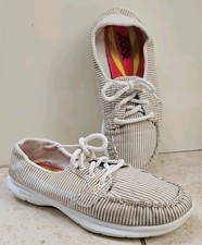 Skechers GoStep Ladies Size UK 4 Taupe White Stripe Sandy Boat Shoes Goga Max