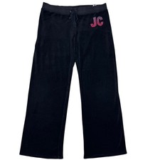 Juicy Couture Black Velour Track Pants JC Rhinestone Logo Drawstring Size L Y2K