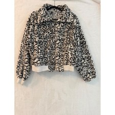 Vinn New York  London Faux Fur Leopard Print Bomber Jacket Women XL Black White