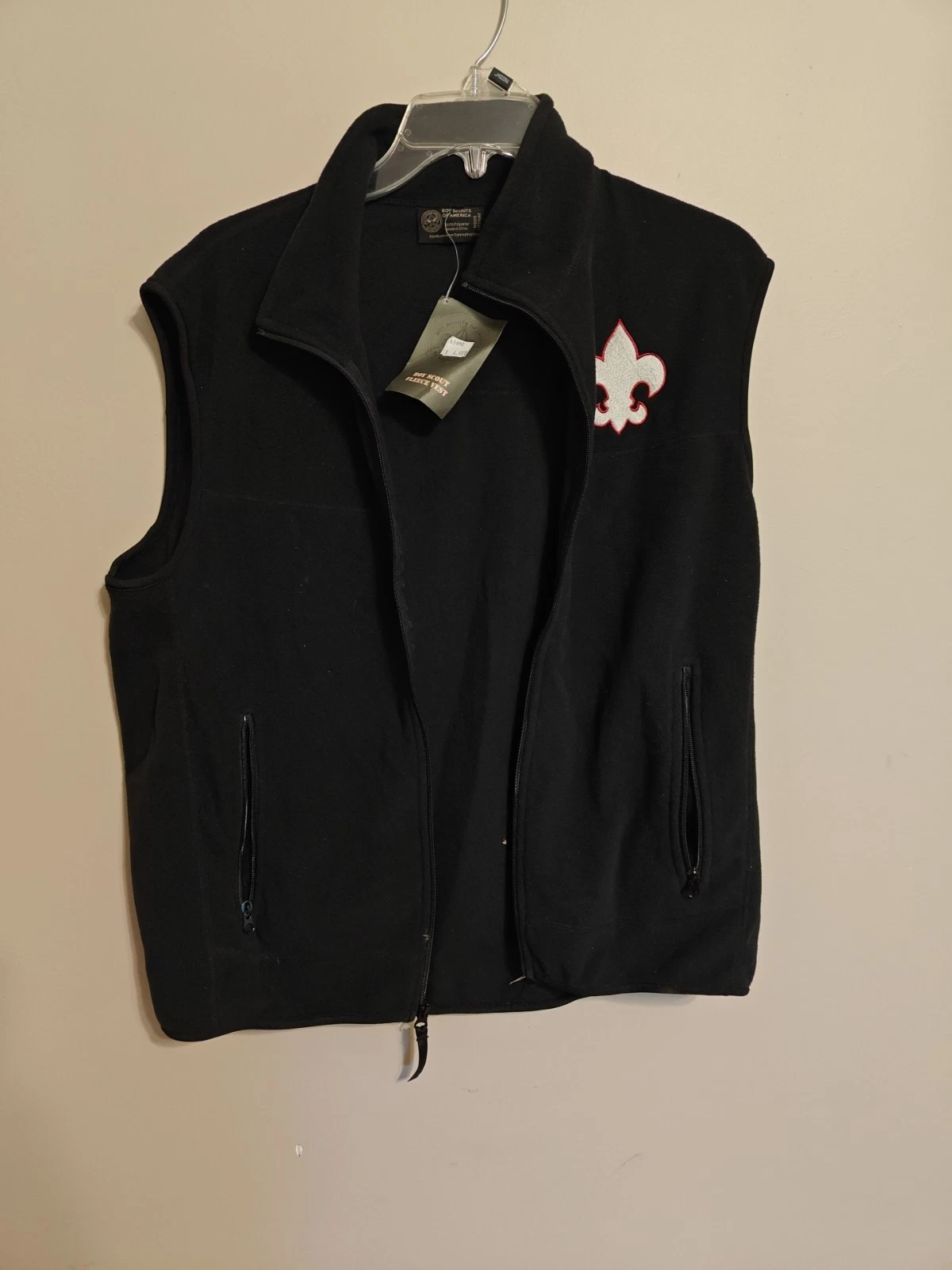 Boy Scout Fleece Vest Men's Medium Black Full Zip Pockets Embroidered Logo