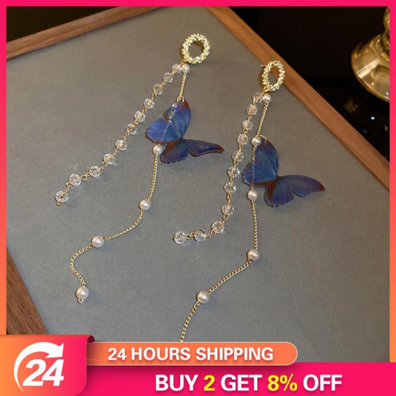 Blue Butterfly Pearl Crystal Earrings Romantic Long Butterfly Tassel Earrings Ko
