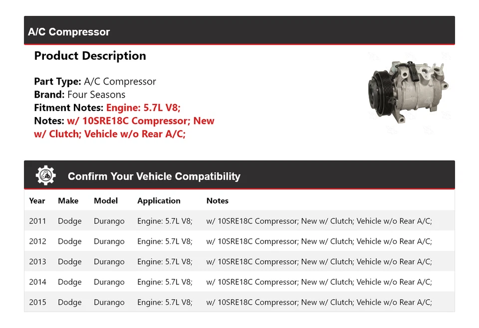 Compresor de aire acondicionado para Dodge Durango 2011-2015 5,7 L V8 4 estaciones 2012 2013 2014 Foto 2 de 4