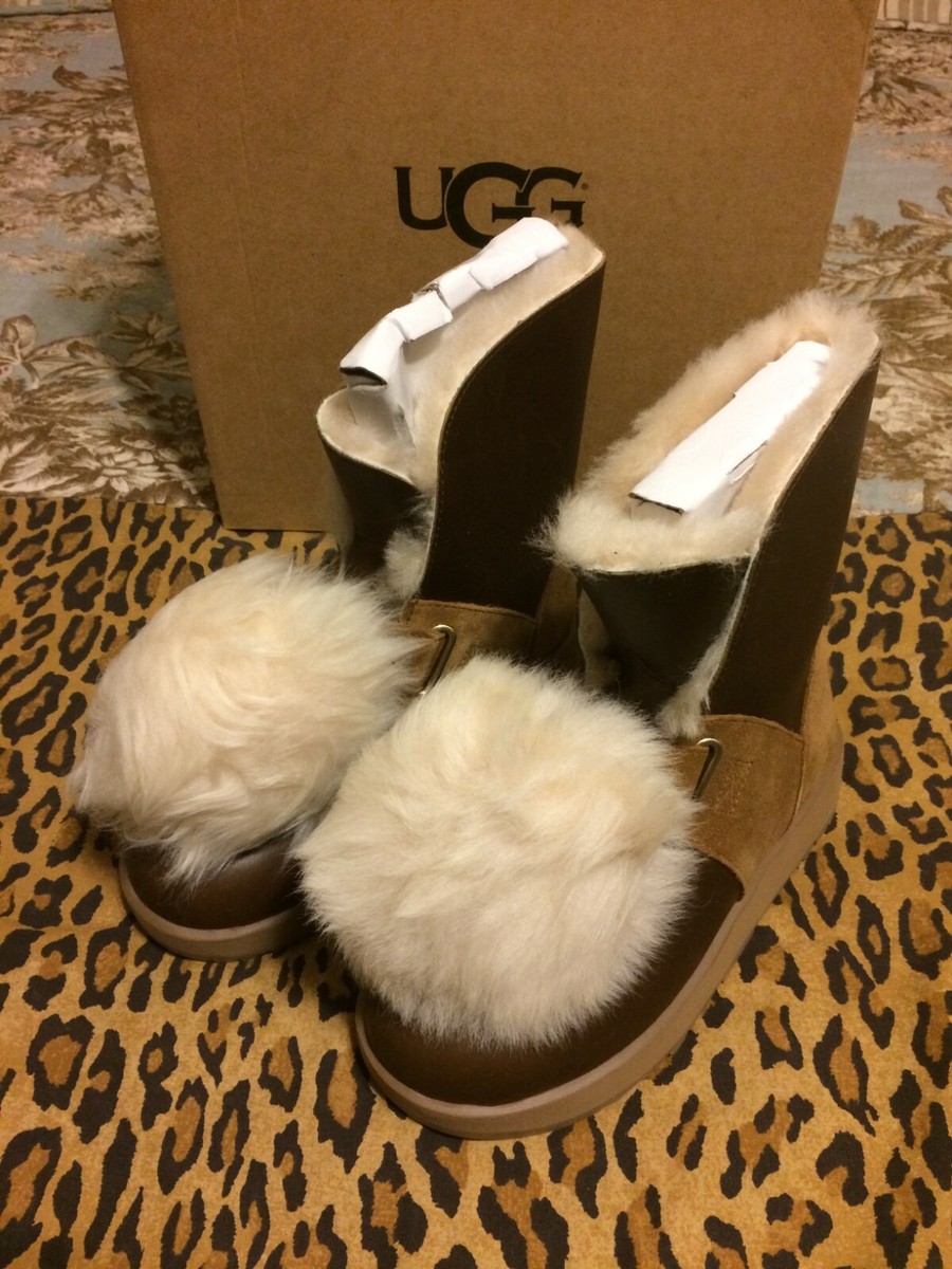 NIB UGG Isley Waterproof Chestnut Leather Fur Pom Pom Boots Womens
