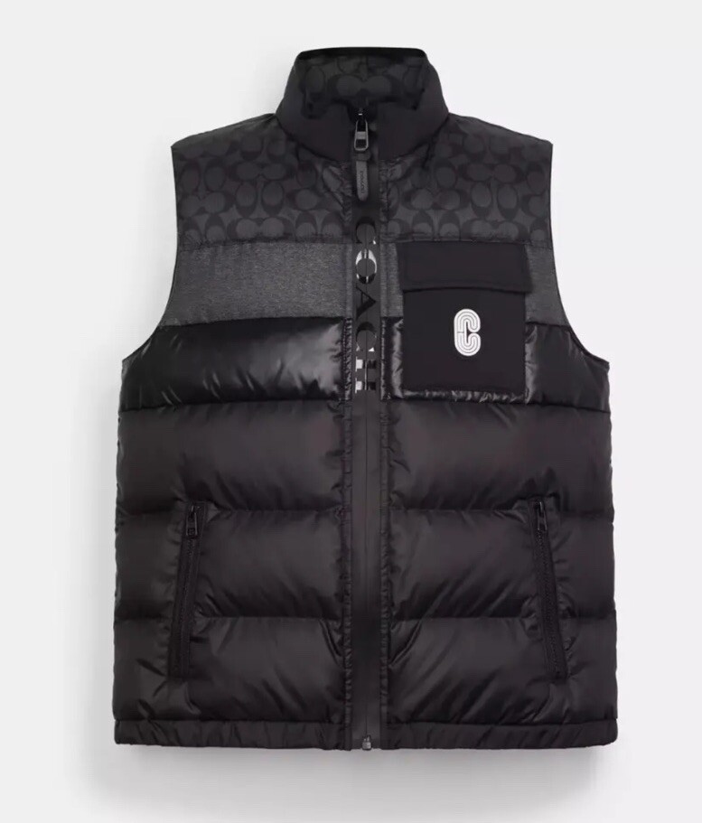 COACH Men's Down Puffer Black Signature Logo Vest size XS COACH Men's Down Puffer Black Signature Logo Vest size XS