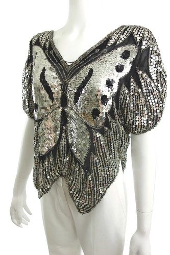 Vintage 80’s Butterfly Sequined Top. Black and Silver. Silk, beadwork - Picture 3 of 4