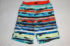 Boys BOARD SHORTS Swim Trunks SHARKS Multicolor Stripe POCKETS Size XXL / 18